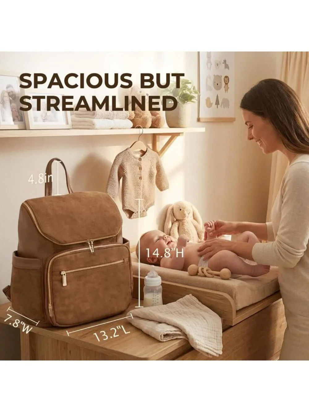 Large Suede Diaper Bag Backpack with 14 Pockets, Waterproof Wet Pocket, Luggage